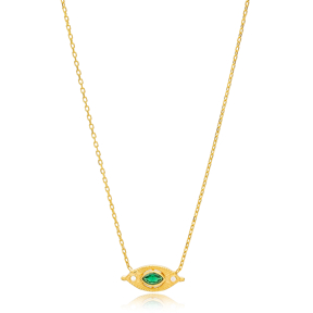 Marquise Eye Shape Minimalist Charm Necklace Emerald Stone Handmade 925 Sterling Silver Jewelry