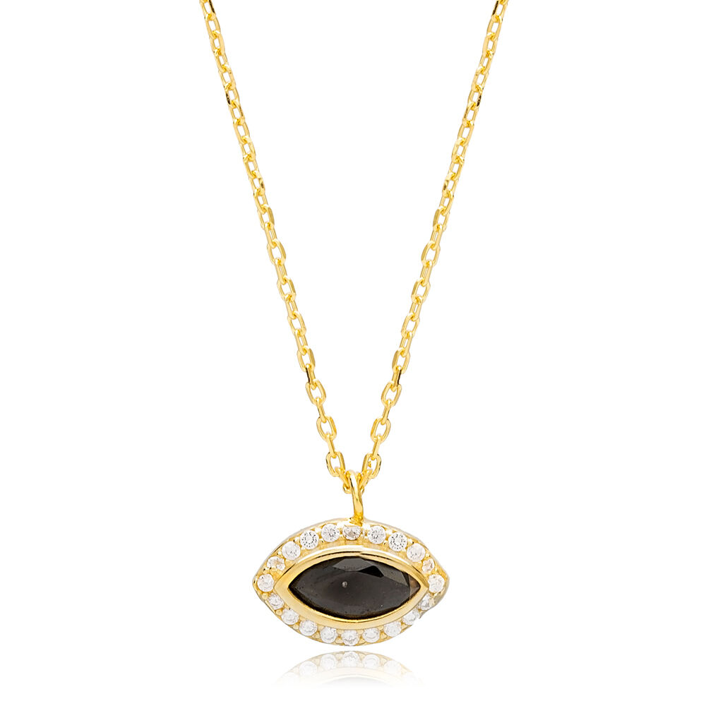 Turkish Eye Shape Minimalist Charm Pendant Onyx Stone Handmade 925 Sterling Silver Jewelry