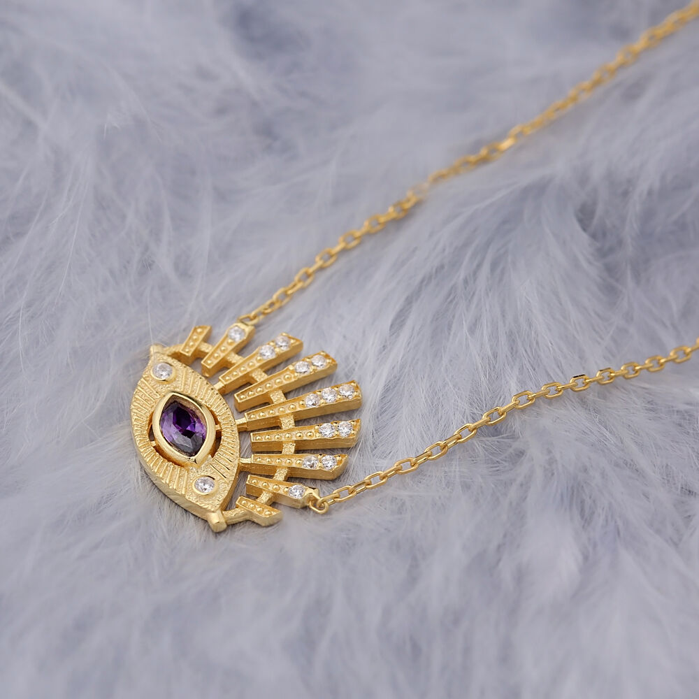 Dainty Evil Eye Charm Necklace Pendant Marquise Amethyst Stone Turkish Handmade 925 Sterling Silver Jewelry
