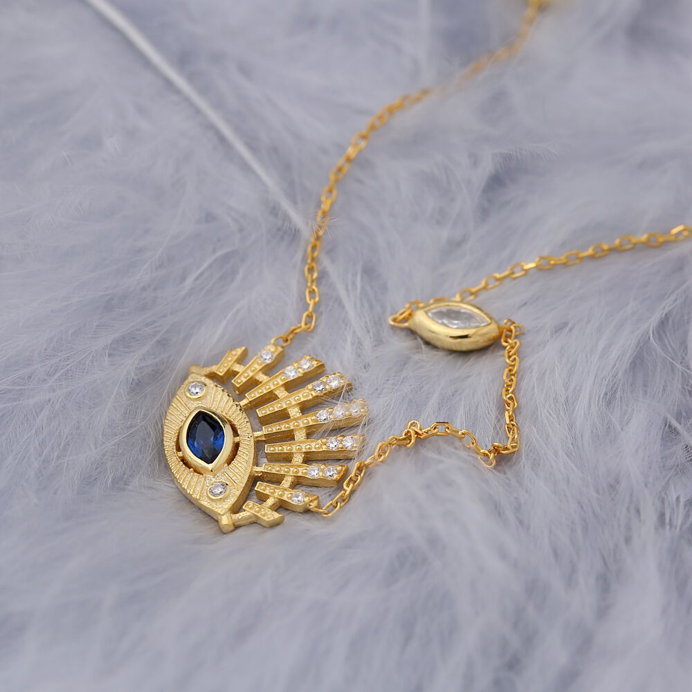 Sapphire Evil Eye Charm Necklace with Marquise Stone Turkish Handmade 925 Sterling Silver Jewelry