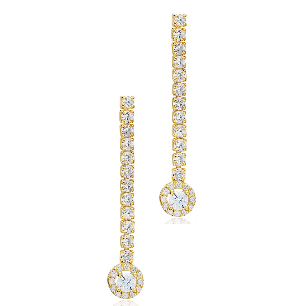 Diamond Style Stone Zircon Chain Design Stud Long Earrings Wholesale 925 Sterling Silver Jewelry