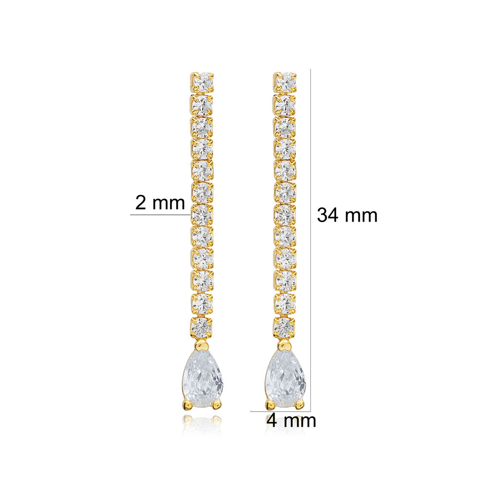Pear Shape Stone Zircon Chain Design Stud Long Earrings Handmade 925 Sterling Silver Jewelry