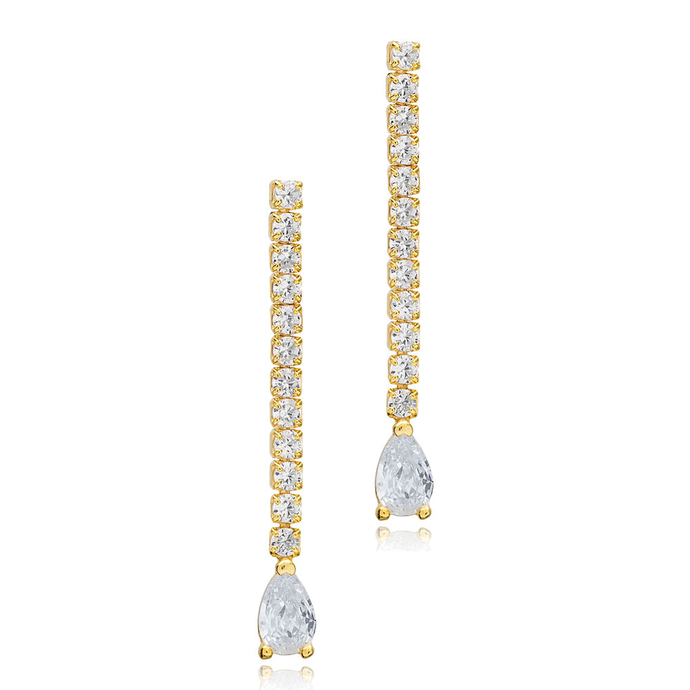 Pear Shape Stone Zircon Chain Design Stud Long Earrings Wholesale 925 Sterling Silver Jewelry