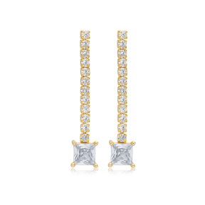 Square Shape Stone Zircon Chain Design Stud Long Earrings Turkish 925 Sterling Silver Jewelry