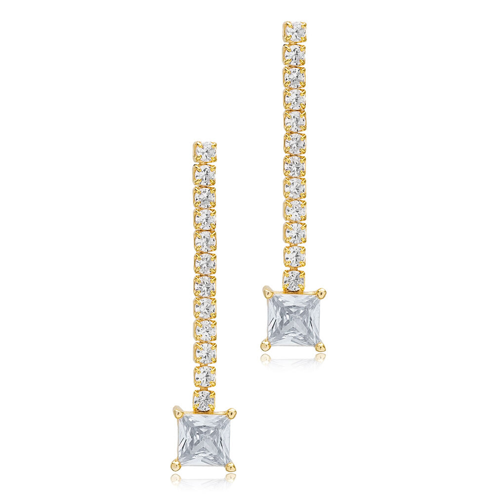 Square Shape Stone Zircon Chain Design Stud Long Earrings Turkish 925 Sterling Silver Jewelry
