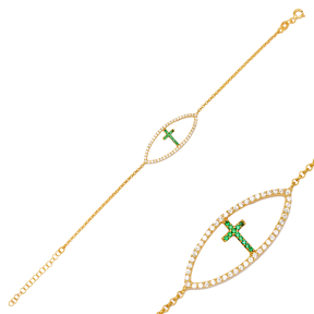 Geometric Design Oval Shape CZ Stone and Emerald Cross Charm Bracelet 925 Sterling Silver Jewelry
