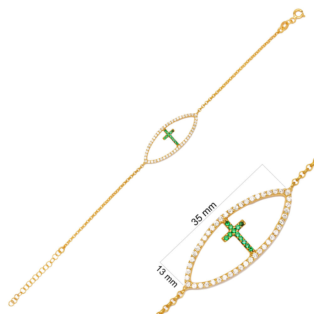 Geometric Design Oval Shape CZ Stone and Emerald Cross Charm Bracelet 925 Sterling Silver Jewelry