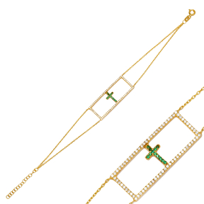 Rectangle Shape CZ Stone and Emerald Cross Geometric Charm Bracelet 925 Sterling Silver Jewelry