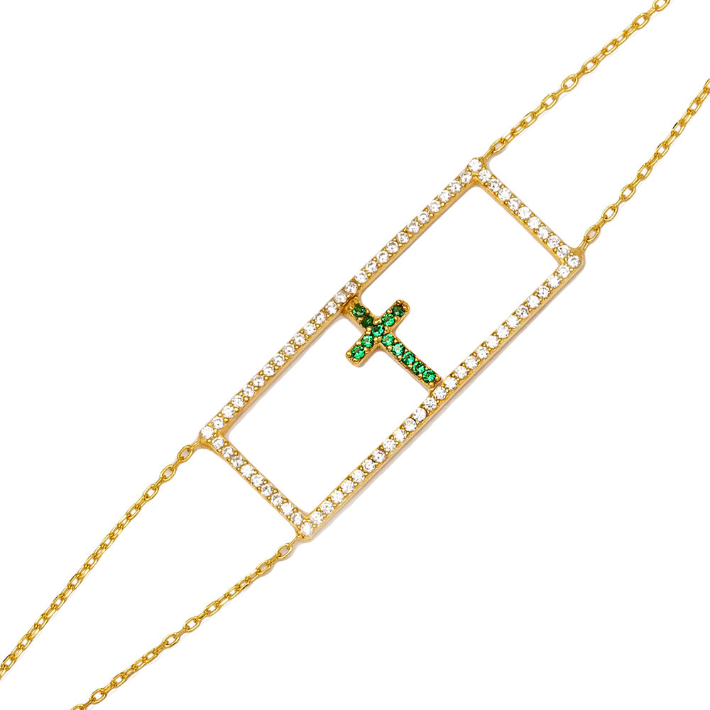 Rectangle Shape CZ Stone and Emerald Cross Geometric Charm Bracelet 925 Sterling Silver Jewelry