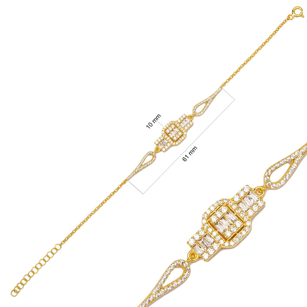 Cluster Baguette Design Charm Bracelet Turkish Handmade 925 Sterling Silver Jewelry
