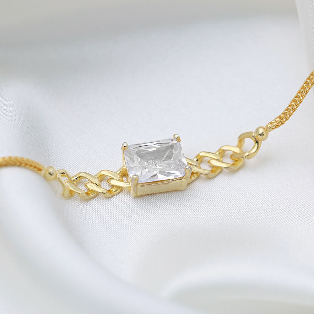 Elegant Chain Bagutette Zircon Stone Dainty Design 925 Sterling Silver Charm Bracelet Jewelry