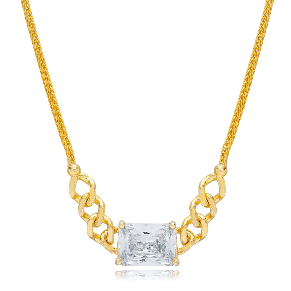 Trendy Chain Baguette Zircon Stone Dainty Design 925 Sterling Silver Charm Choker Necklace