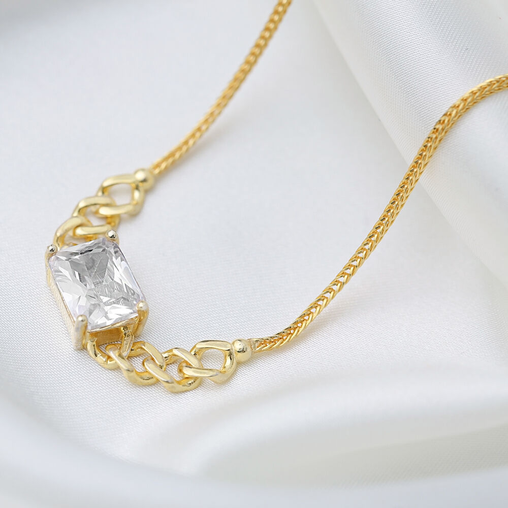 Trendy Chain Baguette Zircon Stone Elegant Design 925 Sterling Silver Charm Choker Necklace