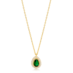 Stylish Emerald Stone Pear Shape Charm Necklace Pendant Turkish 925 Sterling Silver Jewelry