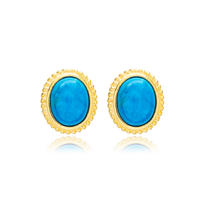 Dainty Turquoise Stone Oval Shape Stud Earrings Handmade Turkish Natural Stone 925 Sterling Silver Jewelry
