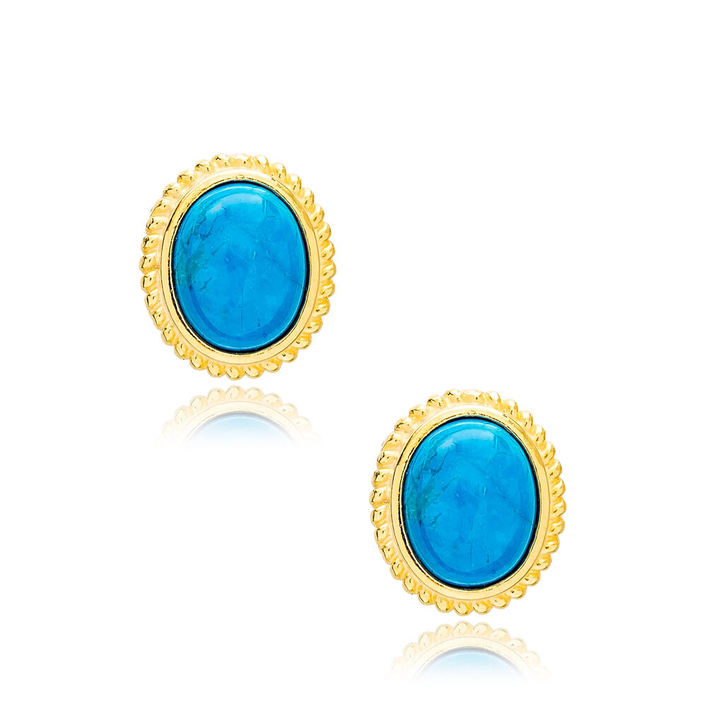 Dainty Turquoise Stone Oval Shape Stud Earrings Handmade Turkish Natural Stone 925 Sterling Silver Jewelry