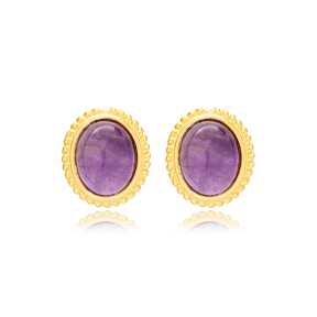 Elegant Amethyst Stone Oval Shape Stud Earrings Wholesale Turkish Women 925 Sterling Silver Jewelry