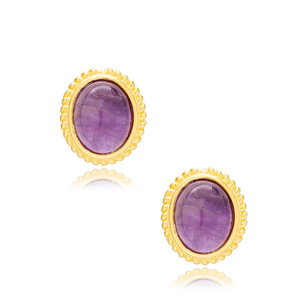 Elegant Amethyst Stone Oval Shape Stud Earrings Wholesale Turkish Women 925 Sterling Silver Jewelry