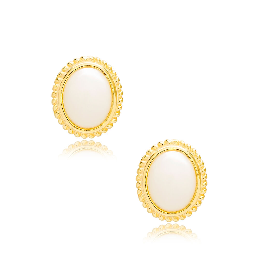Trendy Mother of Pearl Stone Oval Shape Stud Earrings Dainty Women 925 Sterling Silver Jewelry