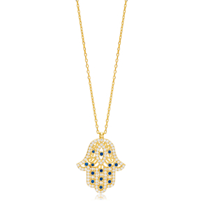 Sapphire Stone Hamsa Design Charm Pendant Necklace Turkish Wholesale 925 Sterling Silver Jewelry