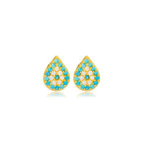 Turquoise Pear Shape Minimalist Design Tiny Stud Earrings Handmade 925 Sterling Silver Women Jewelry