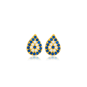 Sapphire Pear Shape Minimalist Design Tiny Stud Earrings Turkish 925 Sterling Silver Women Jewelry