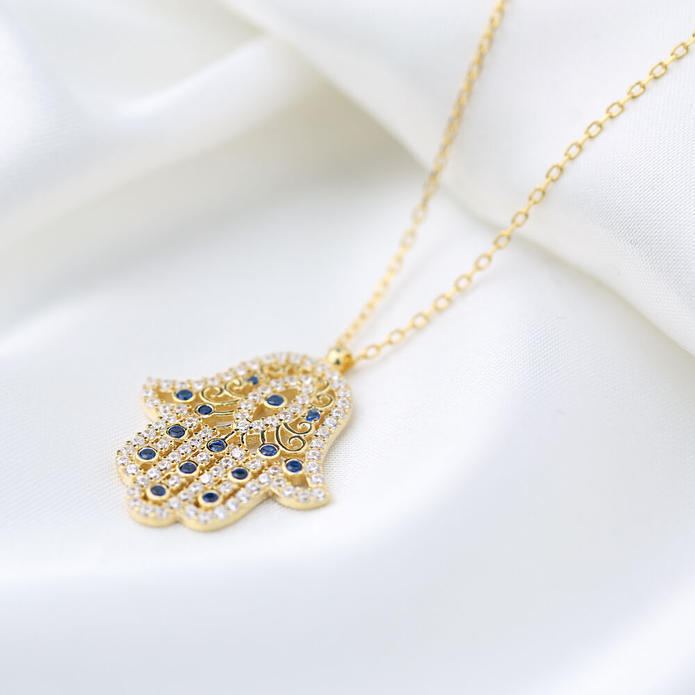 Sapphire Stone Hamsa Design Charm Pendant Necklace Turkish Wholesale 925 Sterling Silver Jewelry