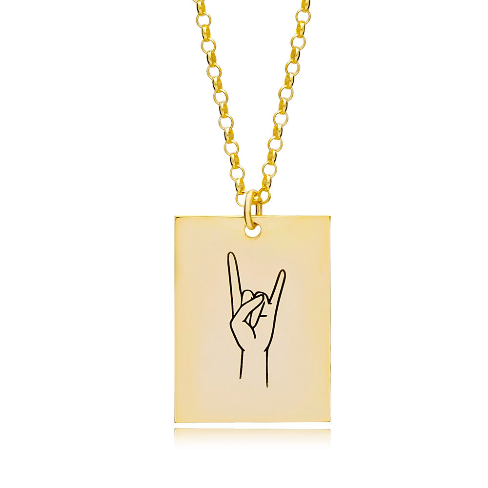 Rock N' Roll Hand Gestures Rectangle Disc Charm Pendant Necklace Wholesale 925 Sterling Silver Jewelry