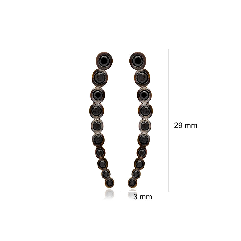 Minimalist Black Zircon Stone Round Design Ear Cuff Climber Earrings 925 Sterling Silver Jewelry