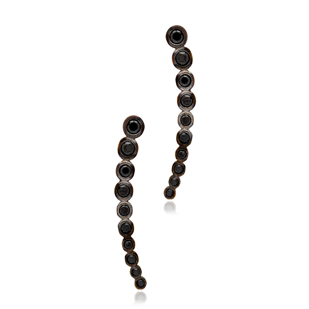 Minimalist Black Zircon Stone Round Design Ear Cuff Climber Earrings 925 Sterling Silver Jewelry