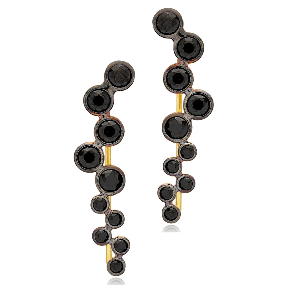 Fancy Round Design Black Zircon Stone Ear Cuff Climber Earrings 925 Sterling Silver Jewelry