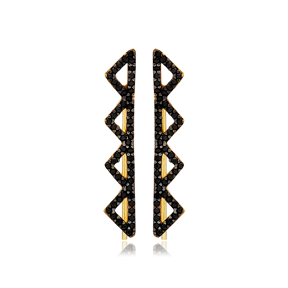 Zigzag Design Black Zircon Stone Climber Earrings Trendy Turkish 925 Sterling Silver Jewelry