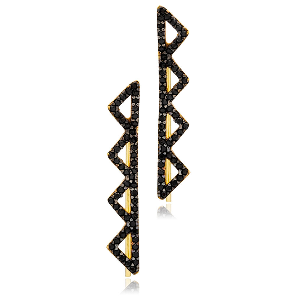 Zigzag Design Black Zircon Stone Climber Earrings Trendy Turkish 925 Sterling Silver Jewelry