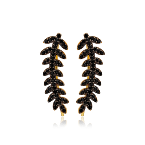 Olive Leaf Design Climber Earrings Black Zircon Turkish Handmade 925 Sterling Silver Jewelry