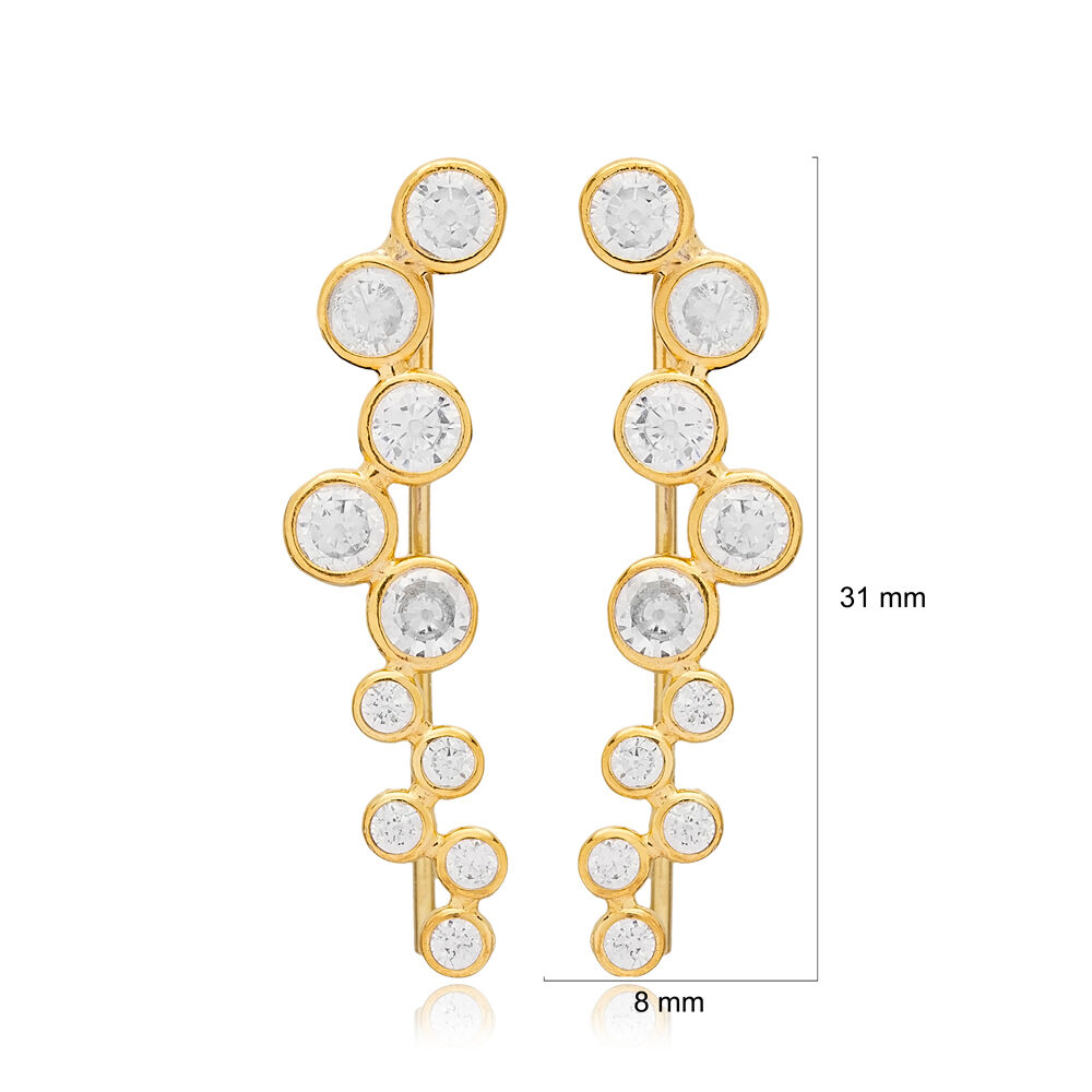 Round Geometric Design Shiny Zircon Stone Ear Cuff Earring Turkish Wholesale Handcrafted 925 Sterling Silver Jewelry