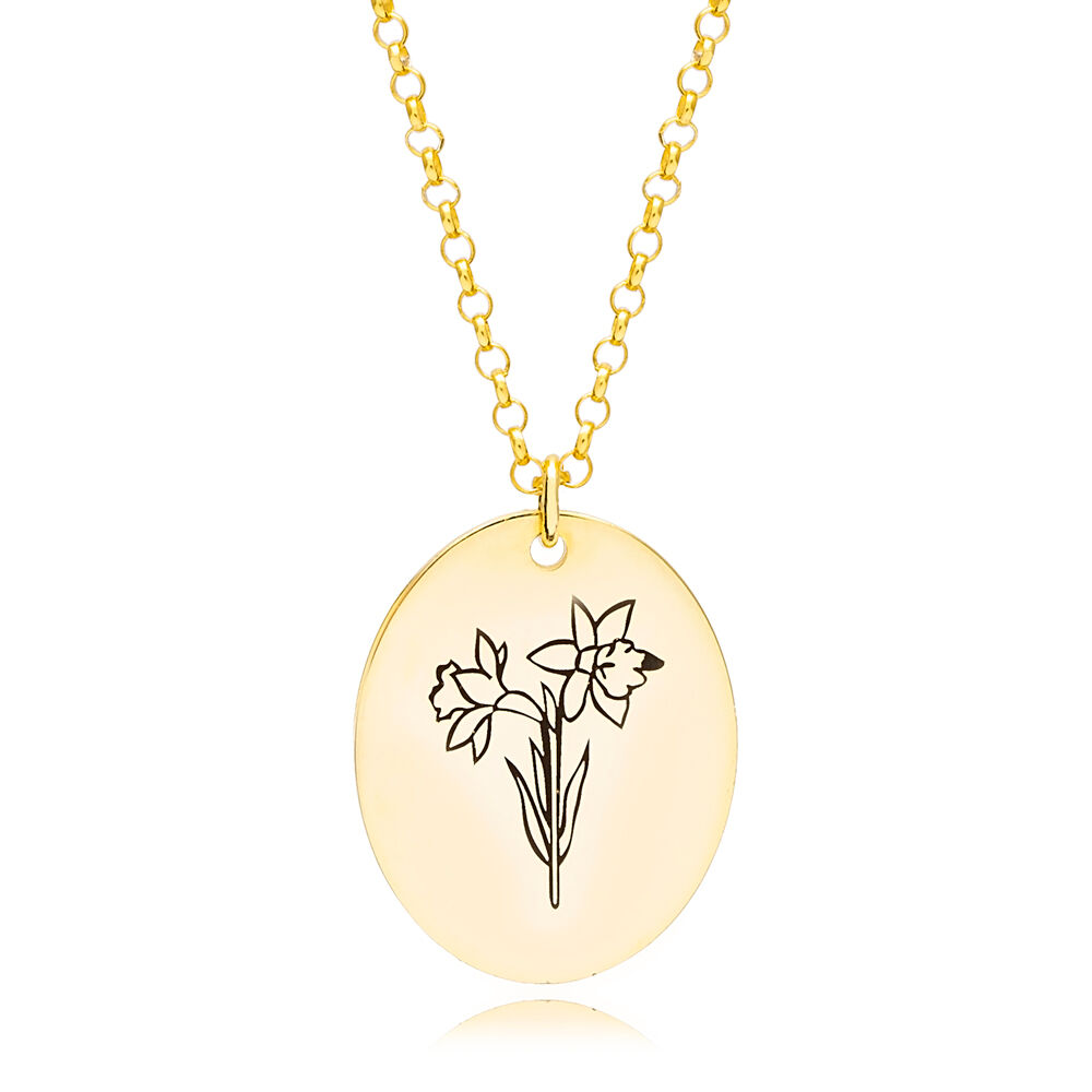 March Daffodil Birth Month Flower Necklaces Oval Disc 925 Sterling Silver Jewelry