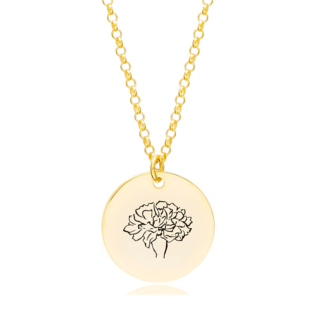 January Carnation Birth Month Flower Necklaces Round Disc 925 Sterling Silver Jewelry