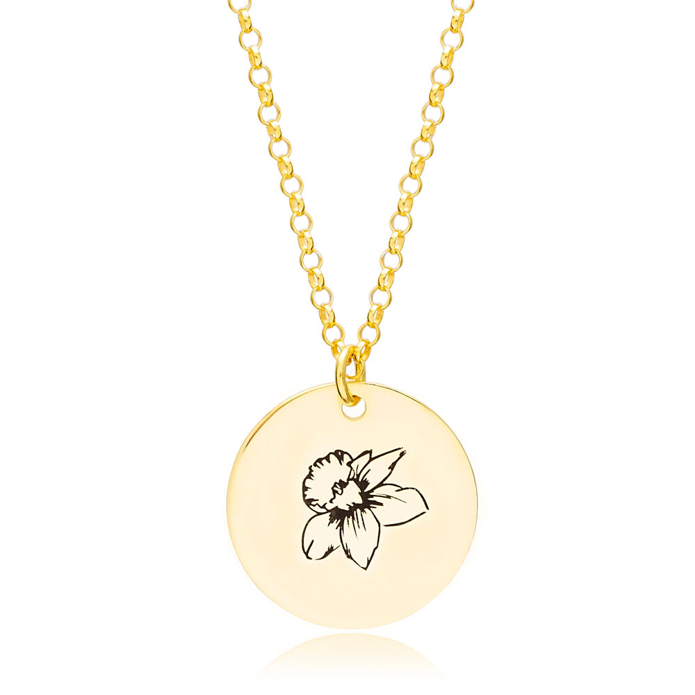 March Daffodil Birth Month Flower Necklaces Round Disc Pendant 925 Sterling Silver Jewelry