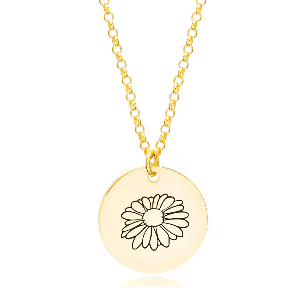 April Daisy Birth Month Flower Necklaces Round Disc Pendant Turkish 925 Sterling Silver Jewelry