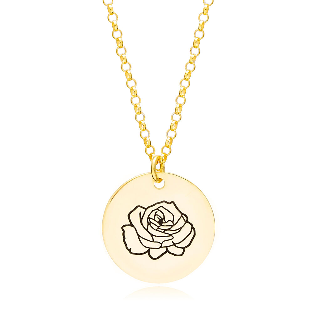 June Rose Birth Month Flower Necklaces Round Disc Pendant 925 Sterling Silver Jewelry