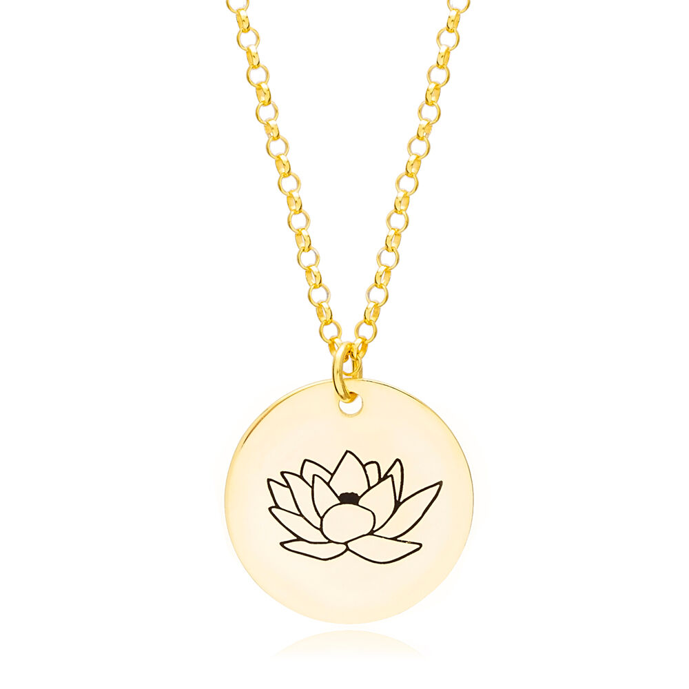 July Waterlily Birth Month Flower Necklaces Round Disc Pendant 925 Sterling Silver Jewelry