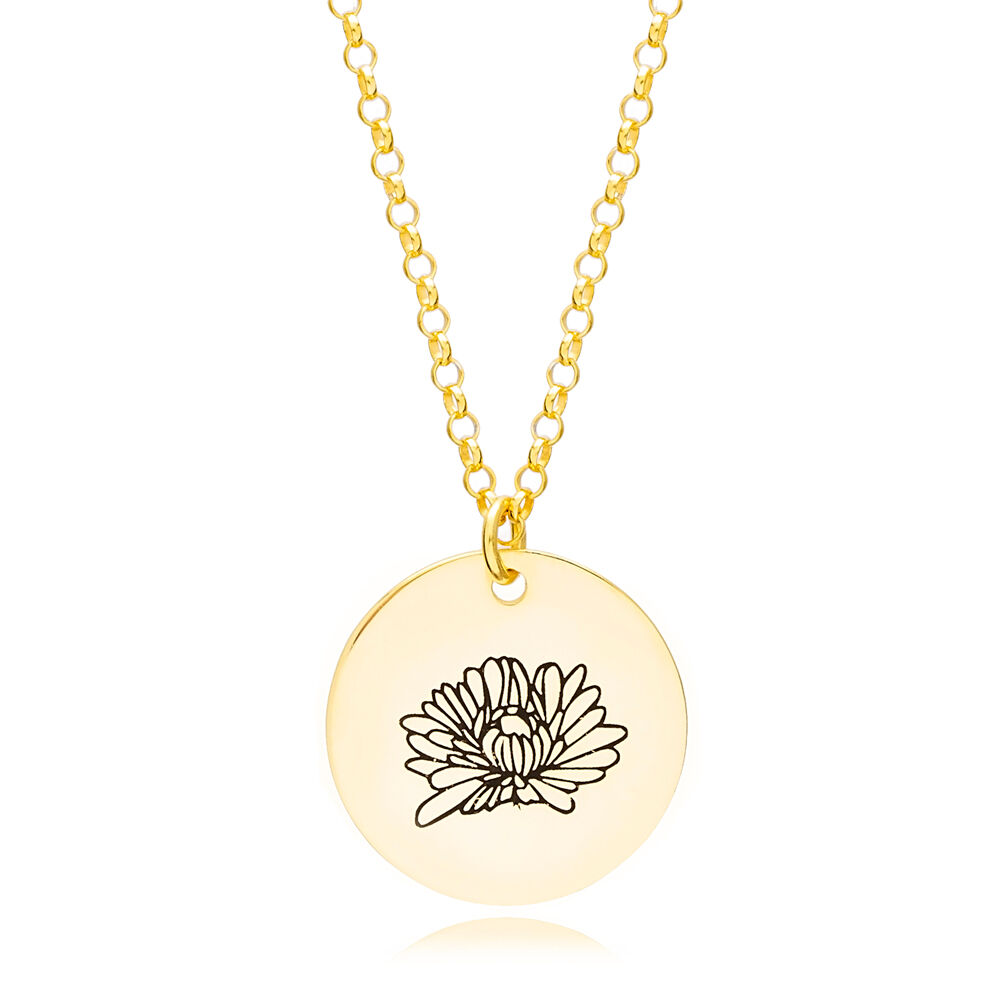 November Chrysanthemum Birth Month Flower Necklaces Round Disc Pendant 925 Sterling Silver Jewelry