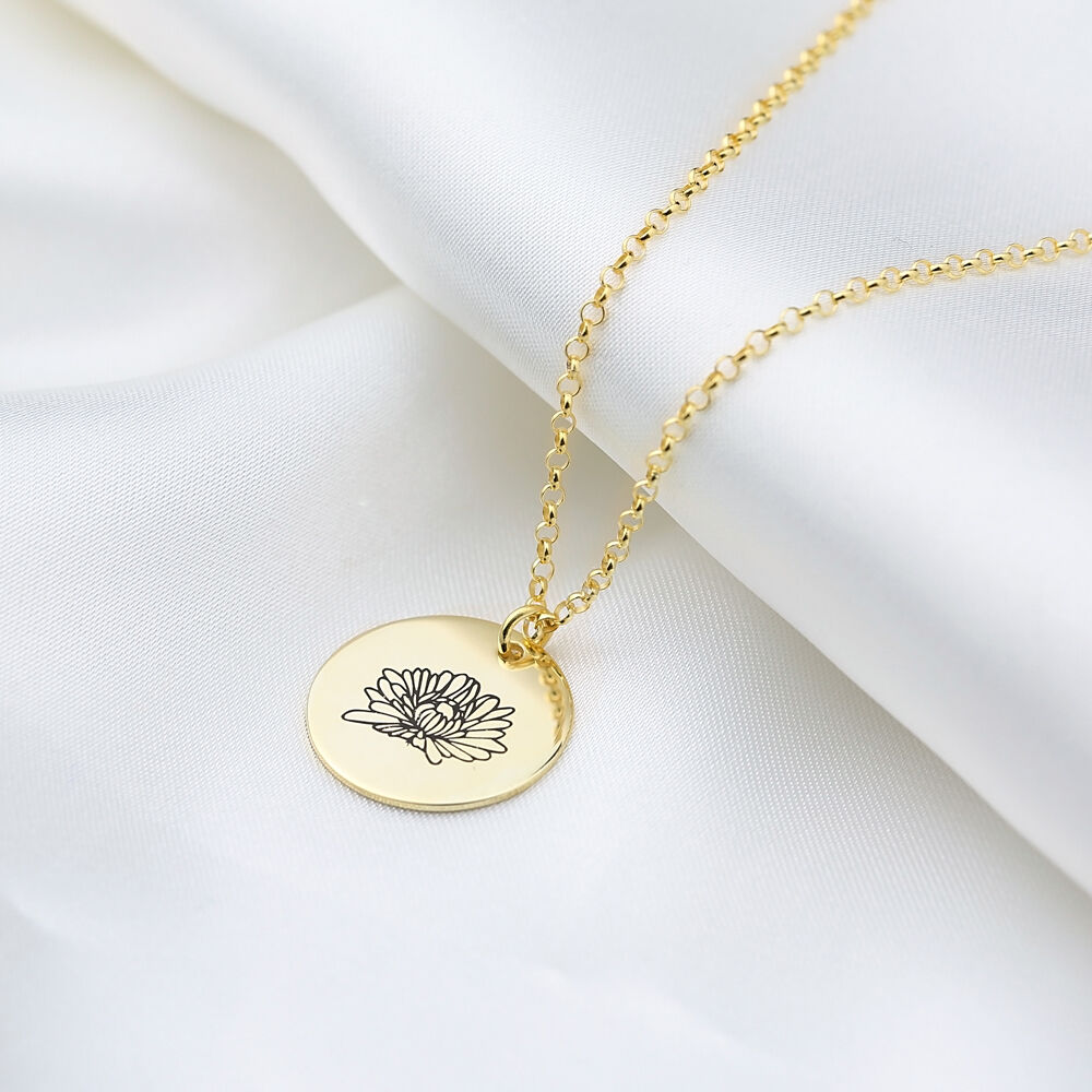 November Chrysanthemum Birth Month Flower Necklaces Round Disc Pendant 925 Sterling Silver Jewelry