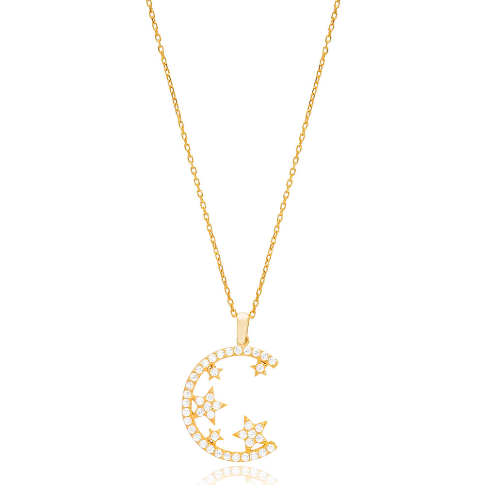 42+5 cm Dainty Crescent With Stars Zircon Charm Pendant Turkish Wholesale Handmade 925 Sterling Silver Jewelry