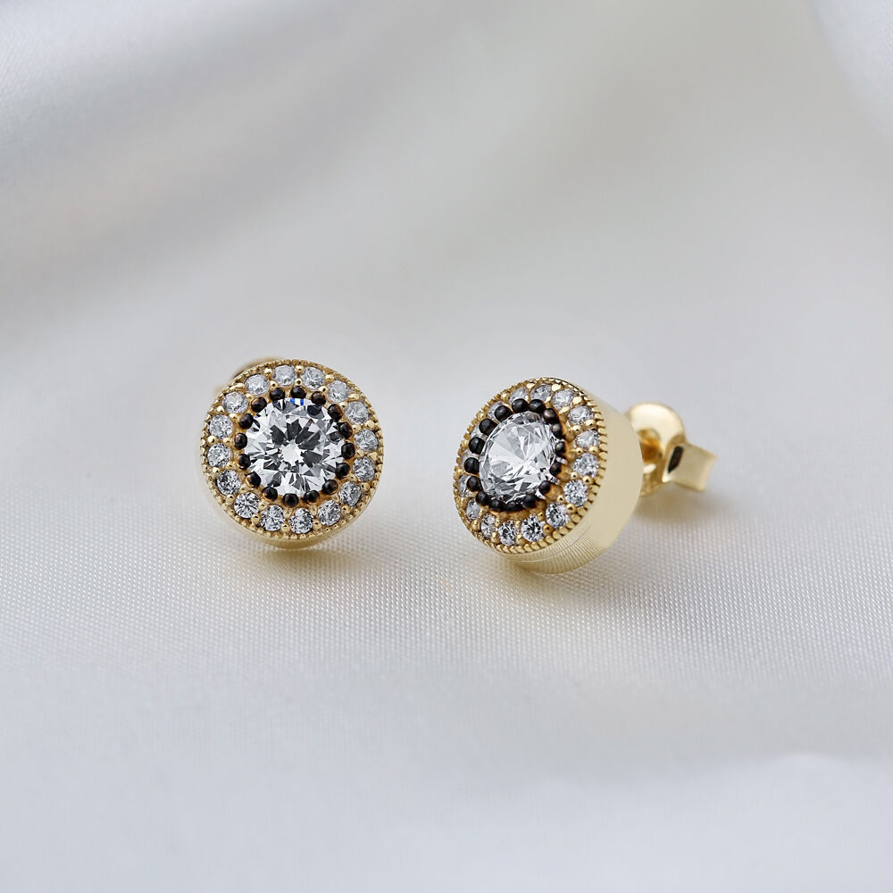 Trendy Round Style Zircon Stone Stud Earrings Turkish Wholesale 925 Sterling Silver Jewelry