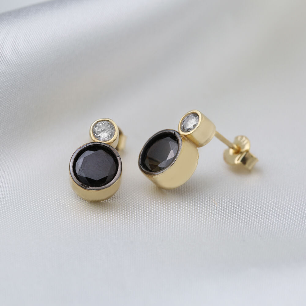 Round Design Black Zircon Stone Stud Earrings Wholesale Turkish 925 Sterling Silver Jewelry