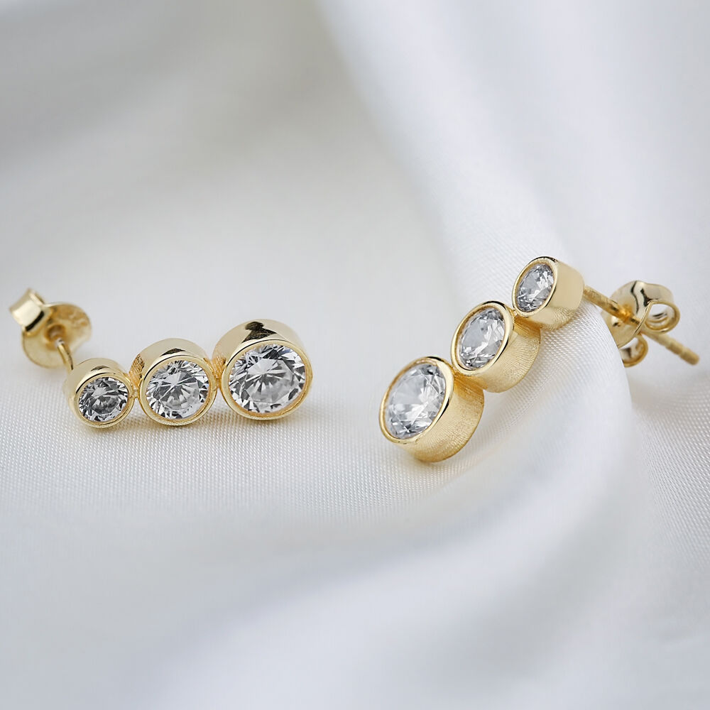 Triple Round Charm Zircon Stone Trendy Stud Earrings Handmade 925 Sterling Silver Jewelry