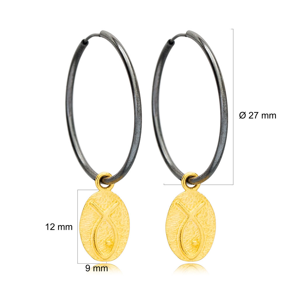 22K Fish Shape Oval Charm Oxidized Hoop Earrings Handmade 925 Sterling Silver Vintage Jewelry