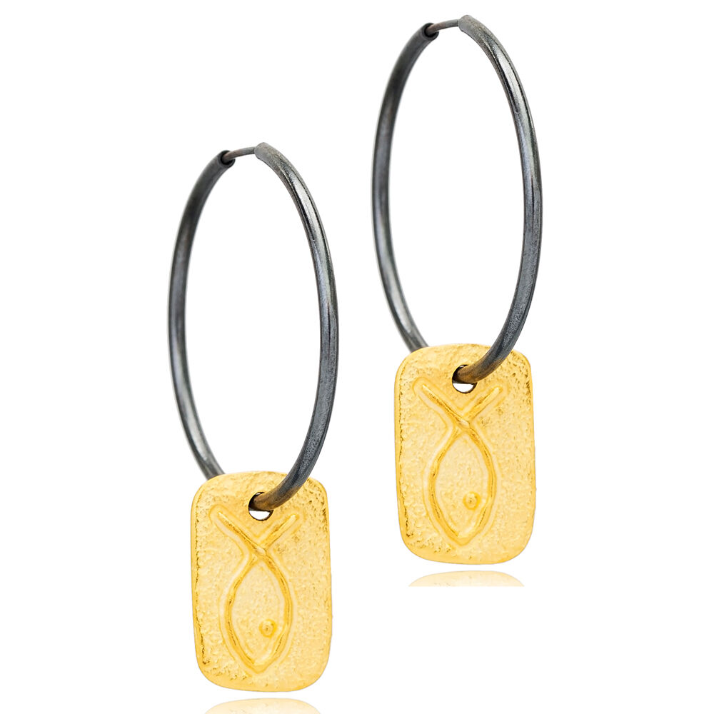 Fish Shape Rectangle 22K Gold Plated Charm Oxidized Hoop Earrings Handmade 925 Sterling Silver Vintage Jewelry