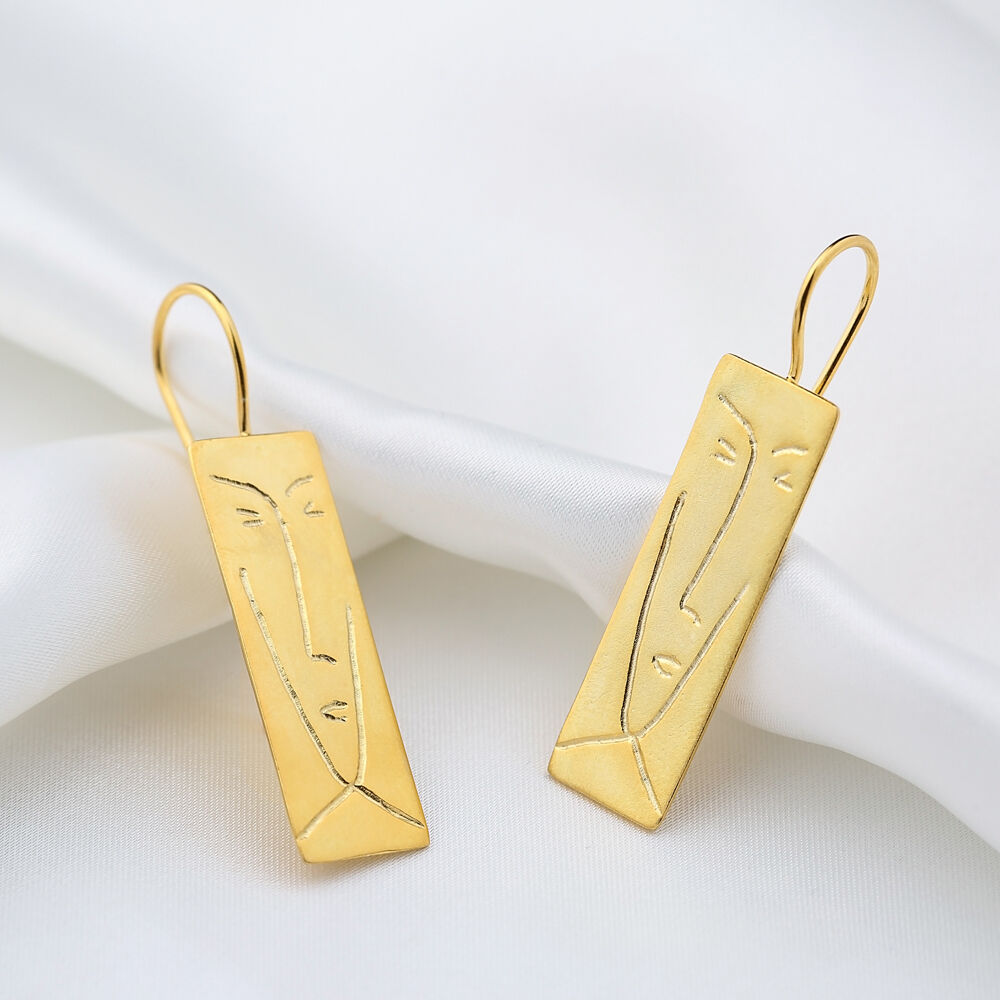 Geometric Rectangle Design 22K Gold Plated Charm Hook Earrings Turkish 925 Sterling Silver Vintage